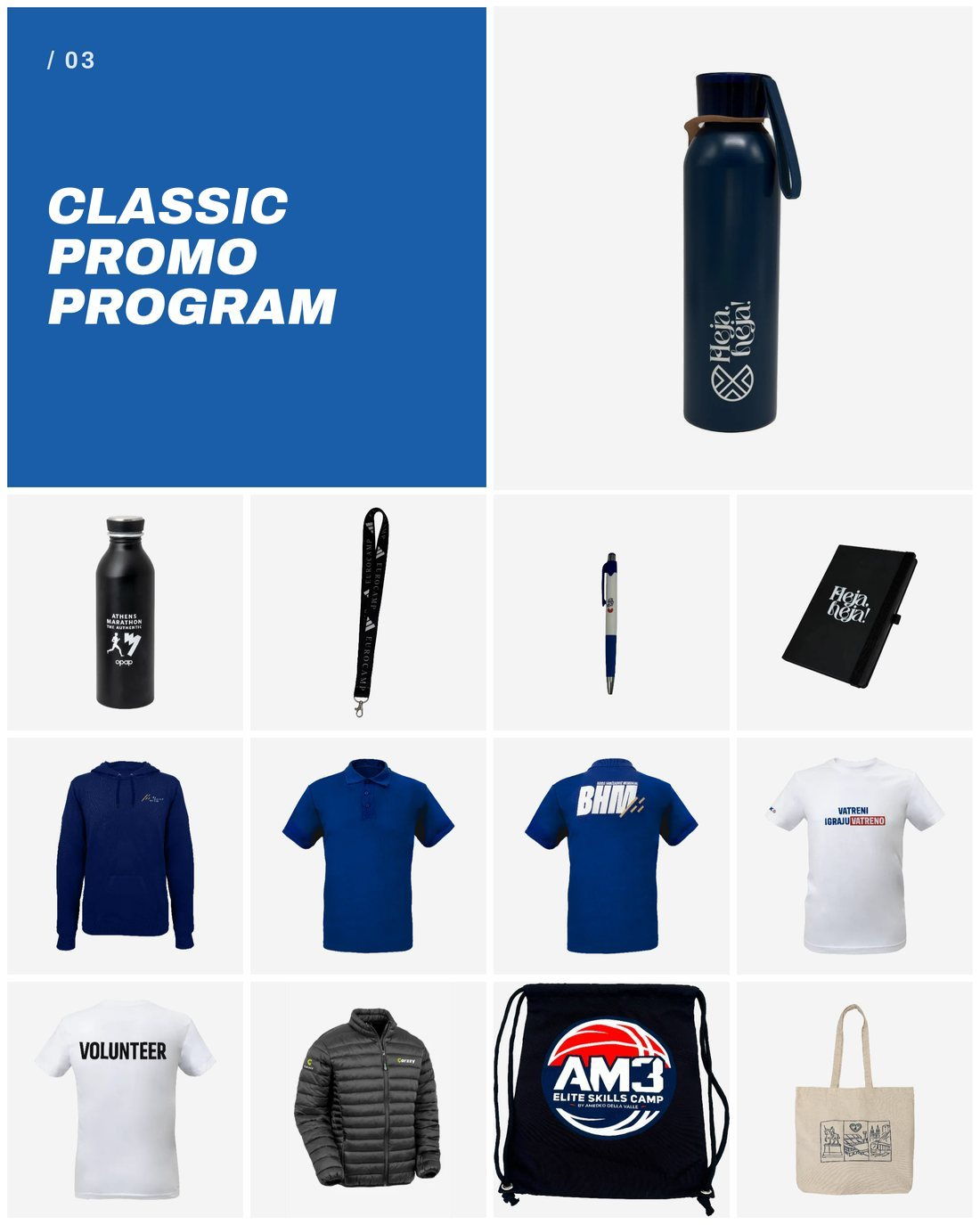 Classic promo program: branded bottle, notebook, pen and printed t-shirt